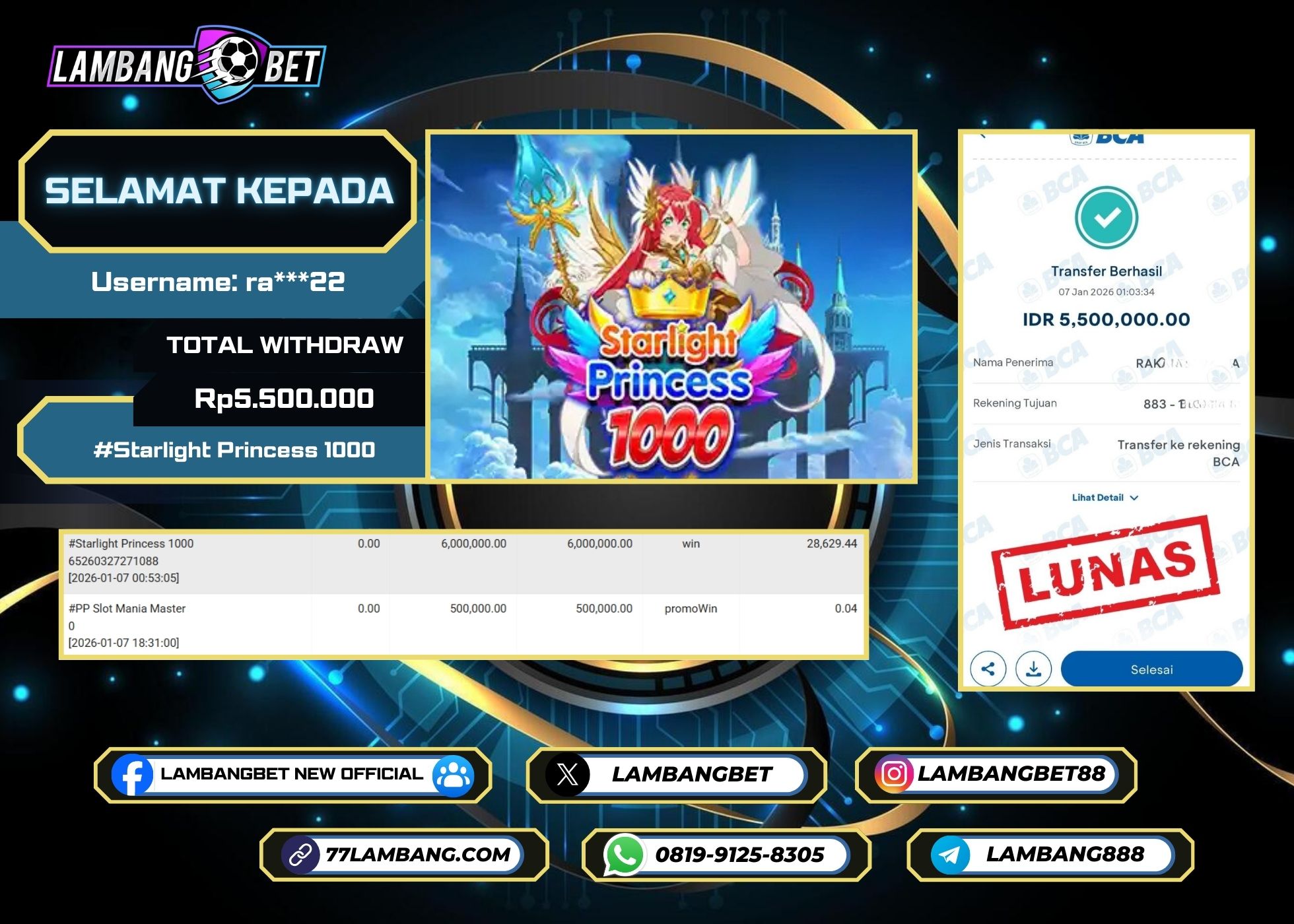 LAMBANGBET [7 JANUARI 2025] JACKPOT SLOT Starlight Princess 1000 "Rp5.500.000" LUNAS
